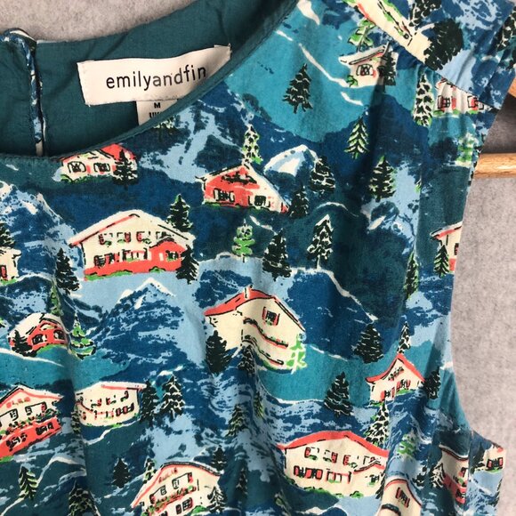 Modcloth Emily And Fin Snow Capped Houses Chalet Print Dress Size Medium - Picture 5 of 9